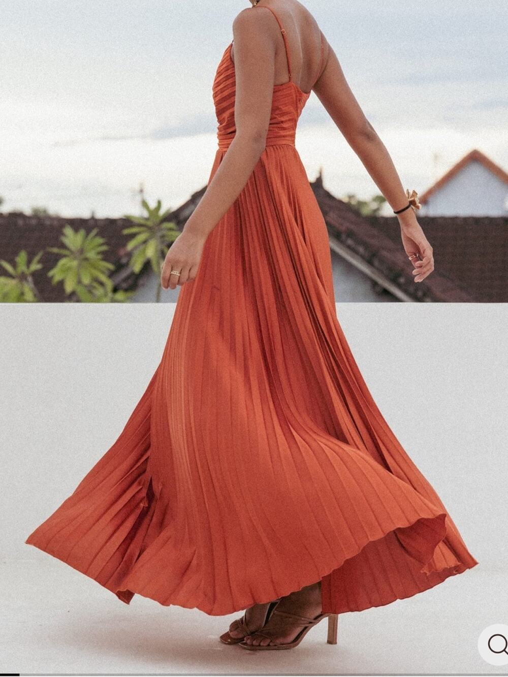 Petal & Pup Naira Pleated Satin Maxi Dress Sunset Orange V-Neck Size 10